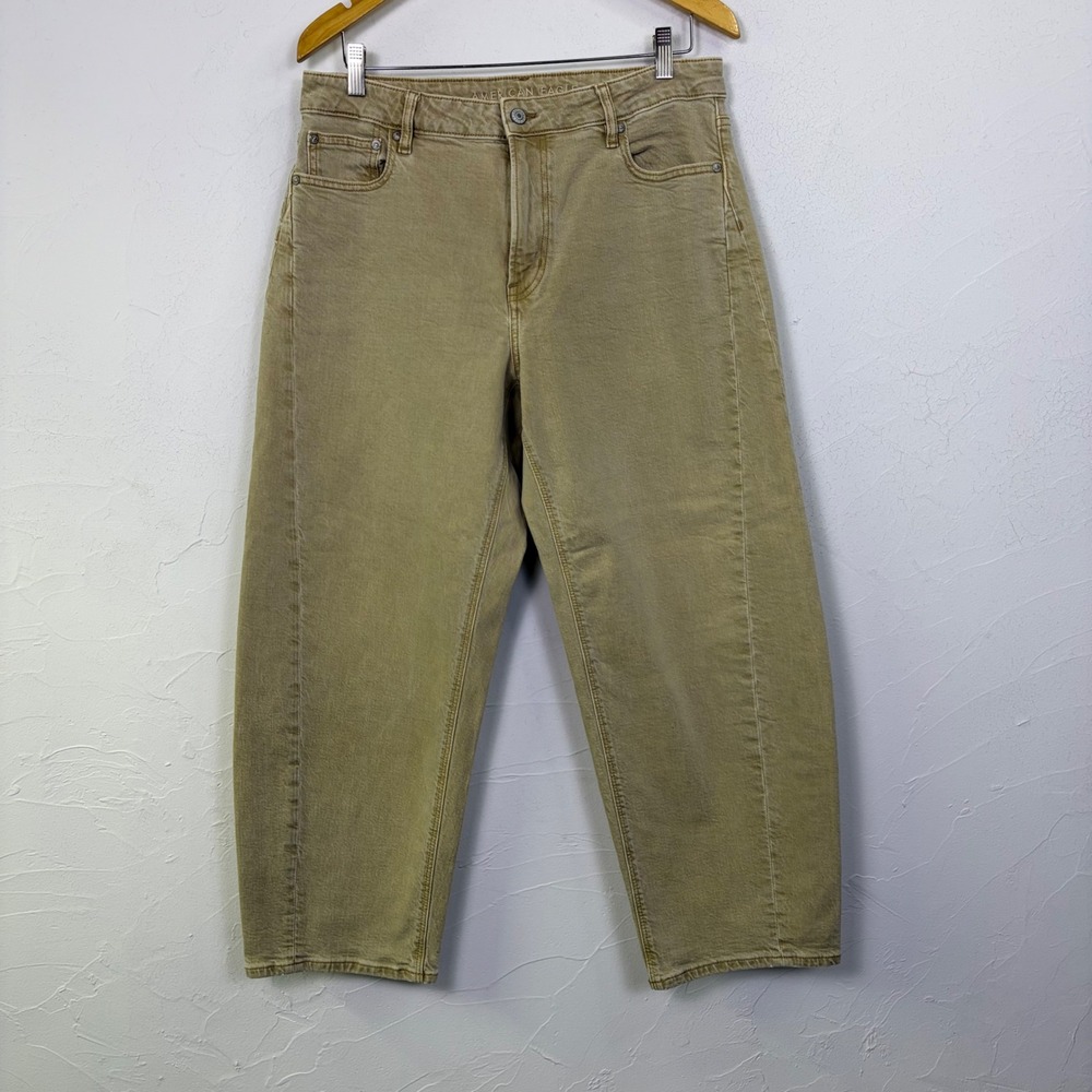 American Eagle Barrel Jeans Women 10 Khaki Tan High Rise Cropped Casual Boho